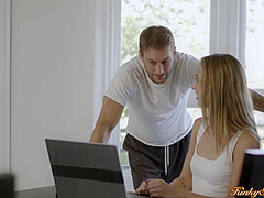 Brunette babe masturbating while watching neighbors fucking