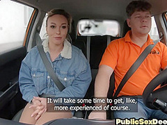 Amateur MILF driver rides tutor outdoor in car after class