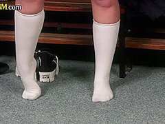 CFNM college uniform redhead jerks in group locker room HJ