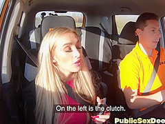 Deepthroating driving student fucks outdoor