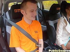 Ebony driving student fucked outdoor in car by her tutor