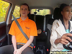 Ebony driving student fucked outdoor in car by her tutor