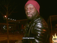 Public interracial blowjob with nerdy slut