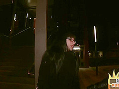 Public interracial blowjob with nerdy slut