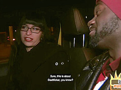 Public interracial blowjob with nerdy slut