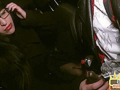 Public interracial blowjob with nerdy slut