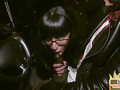 Public interracial blowjob with nerdy slut