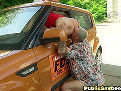 Outdoor babes fucked in car threesome by driving student