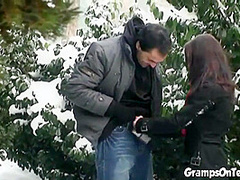Teen fucks old man cock in public