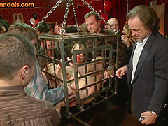 Public BDSM mature sub suffers electro touch by domina