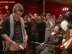 Public BDSM mature sub suffers electro touch by domina