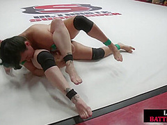 Wrestling public dykes fight on wrestling field for crowd
