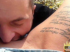 Inked public MILF rides sex date guy outdoor after blowjob