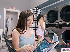 Annoyed gf gets her stress licked away in public laundromat