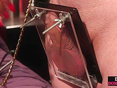 Submissive loser with cock cage watches domina fucked
