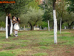 Public BDSM slut whipped and throat fucked outdoor in 3some