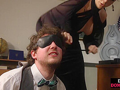 College domina pussylicked by blindfold sub while reading