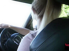 Outdoor voyeur GF teases her BF from car while he jerks cock