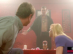 Cuckold sub strapon fucked by femdom before watching her sex