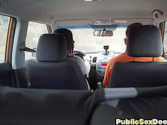 Driving curvy babe fucked by tutor outdoor in public sex