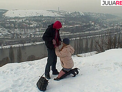Sexy Redhead Rides A Hard Cock Out In The Cold Snow