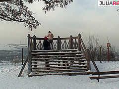 Sexy Redhead Rides A Hard Cock Out In The Cold Snow