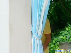 Short guy fucks busty short hair MILF outdoor in doggystyle