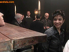 Public BDSM slut throat and pussyfucked for perv voyeurs