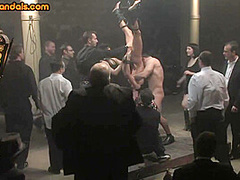 Public BDSM slut throat and pussyfucked for perv voyeurs