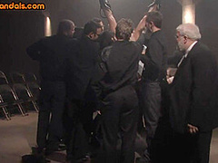 Public BDSM slut throat and pussyfucked for perv voyeurs