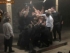 Public BDSM slut throat and pussyfucked for perv voyeurs