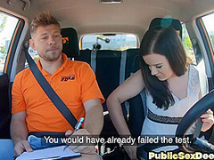 Outdoor driving babe with tattoos public banged in car