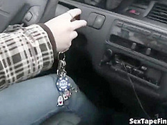 Public slut sucks cock in the car while stopped