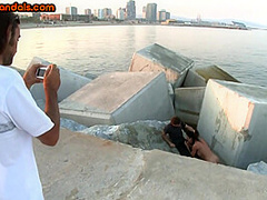 Public deepthroat slut with bigboobs sucks cock outdoor