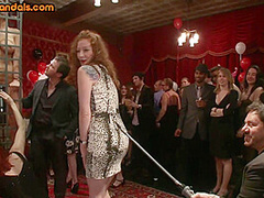 Public BDSM lady in cage pussyfingered by greedy voyeurs