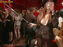 Public BDSM lady in cage pussyfingered by greedy voyeurs