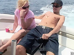 While giving you an upskirt of her meaty thighs, the glasses wearing blonde,