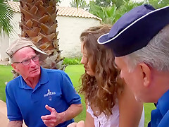 Two Grandpas bang a blonde hair young girl licking twat