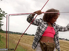 Ebony backpacker doggystyled in tent by lucky stranger