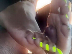Ebony Big Feet Dominating For Hot Cum Over Sexy Neon Bright Toes
