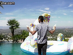 Pool bisexual threesome outdoor