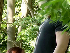 Brunette babe gets her ass destroyed by a masked guy in the forest
