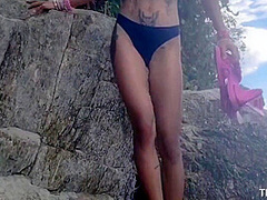 Freak Enjoying Petite Beauty On The Beach And Mountain With Giant Cock