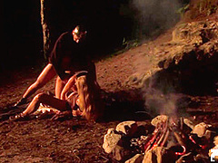 Blonde and brunette hotties get pussy and ass pounded hard by a handsome guy outside