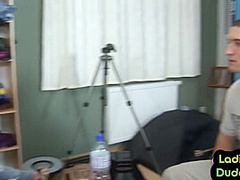 CFNM femdom ladies pegging guy in changing room 3some