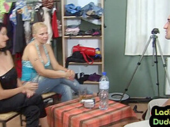 CFNM femdom ladies pegging guy in changing room 3some
