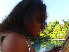 Hot ebony teen and blonde MILF satisfy their pussies outdoor