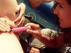 Brunnette babe enjoys having lesbian sex with her girlfriend on the sunbed outdoor