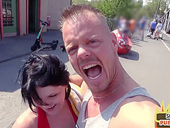 Real public fucked German lady rides sex date cock outdoor