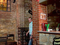 Strapon dominas peg guys asshole in public cafe 3some